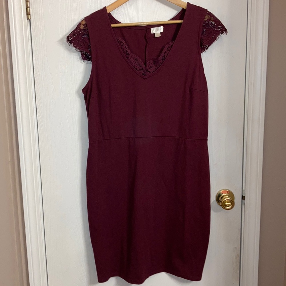 Maroon dress with lace cap sleeves v neck